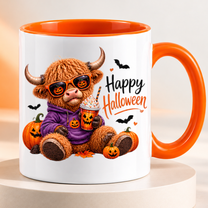 Halloween Mug "Highland Cow Hoodie Happy Halloween" Highland Cow Hoodie Happy Halloween 325ml Ceramic Coffee Mug – Cute Halloween Autumn Tea Cup Purple Hoodie Jack O Lantern Sunglasses Pumpkin Drink Graphic Gift | Fast Dispatch by UK Seller (M3219)