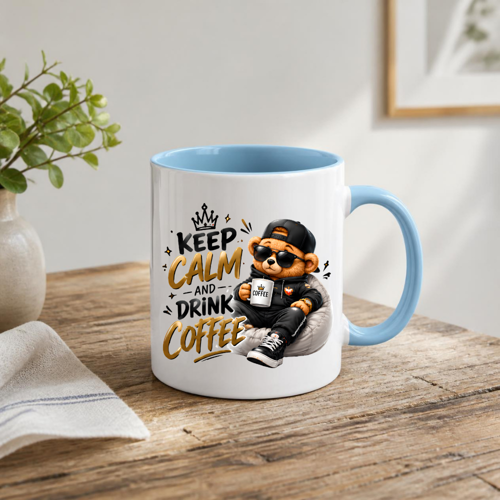 Teddy Bear Mug "Keep Calm And Drink Coffee" 325ml Ceramic Coffee Tea Cup – Cool Bear Graphic, Sunglasses, Hoodie & Slogan Novelty Gift for Coffee Lovers, Birthday – Fast Dispatch by UK Seller (M3504)