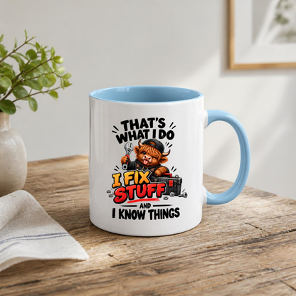 Mechanic Highland Cow Mug "That's What I Do I Fix Stuff" That's What I Do I Fix Stuff And I Know Things 325ml Ceramic Coffee Mug – Cute Handy Highland Cow with Wrench & Toolbox | Funny DIY Handyman Gift | Fast Dispatch by UK Seller (M3456)