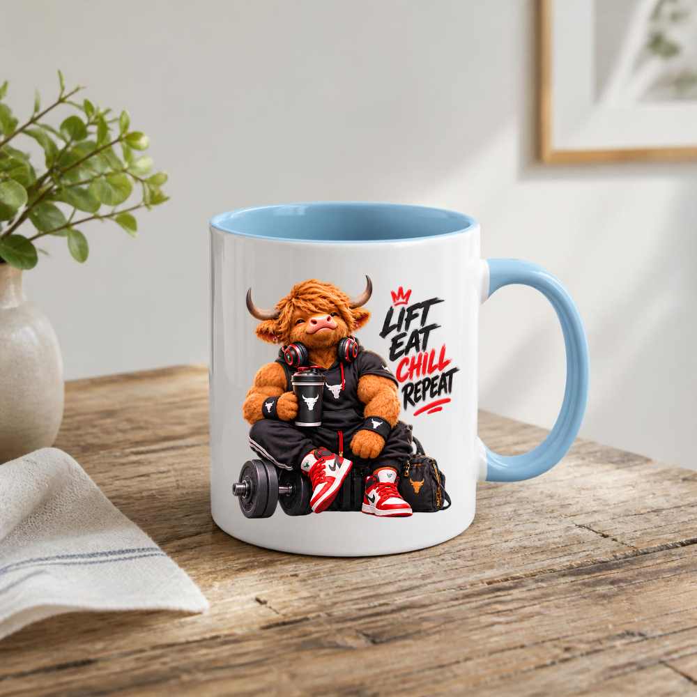 Gym Mug "Lift Eat Chill Repeat Highland Cow" Lift Eat Chill Repeat 325ml Ceramic Coffee Mug – Muscular Highland Cow in Sleeveless Hoodie & Headphones Holding Shaker Cup Gym Fitness Gift | Available in Multicolours | Fast Dispatch by UK Seller (M3272)