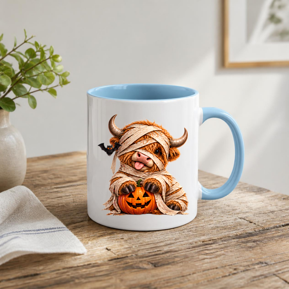 Halloween Mug "Mummy Highland Cow" Mummy Highland Cow 325ml Ceramic Coffee Mug Cute Spooky Halloween Tea Cup with Bandages and Pumpkin Graphic Gift | Available in Multicolours | Fast Dispatch by UK Seller (M3161)