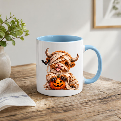 Halloween Mug "Mummy Highland Cow" Mummy Highland Cow 325ml Ceramic Coffee Mug Cute Spooky Halloween Tea Cup with Bandages and Pumpkin Graphic Gift | Available in Multicolours | Fast Dispatch by UK Seller (M3161)