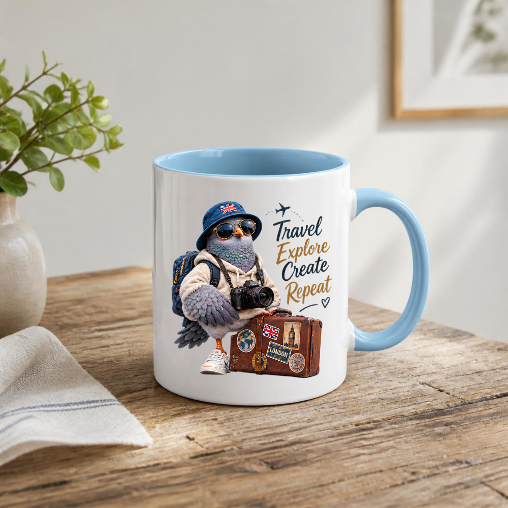 Travel Mug "Travel Explore Create Repeat Cool Pigeon" 325ml Ceramic Coffee Mug – Cool Traveller Pigeon Camera Bucket Hat Union Jack Suitcase Sneakers Gift For Tourists Photographers | Available in Multicolours | Fast Dispatch by UK Seller (M3235)