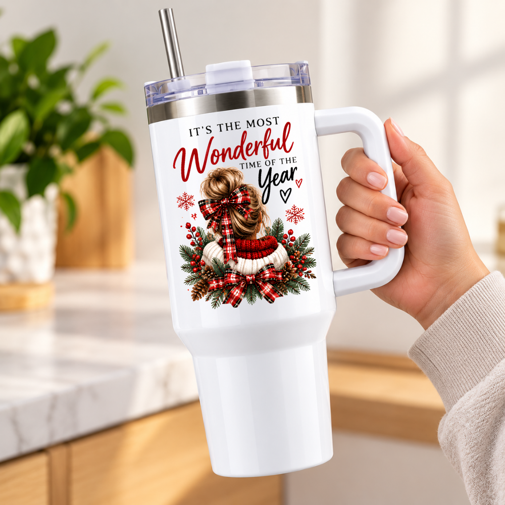 Festive Christmas Travel Tumbler "It's the Most Wonderful Time of the Year" Graphic 40oz Stainless Steel Insulated Travel Mug with Handle & Straw – Cozy Woman Bun, Red Ribbon, Jumper & Pine Wreath Novelty Travel Cup | Fast Dispatch by UK Seller (T3037)