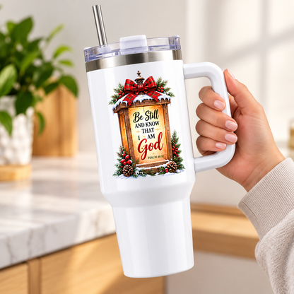 Inspirational Religious Travel Tumbler "Be Still And Know That I Am God" Graphic 40oz Stainless Steel Insulated Travel Mug with Handle & Straw “ Rustic Lantern with Tartan Bow, Pinecones & Holly Berries Novelty Cup | Fast Dispatch by UK Seller (T3010)