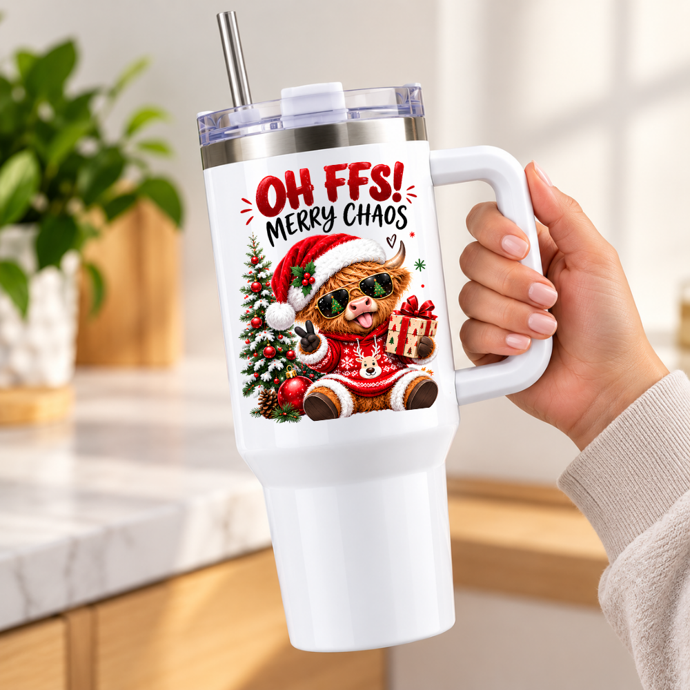 Festive Christmas Highland Cow Travel Tumbler "OH FFS! MERRY CHAOS" Graphic 40oz Stainless Steel Travel Mug with Handle & Straw – Funny Christmas Gift, Secret Santa, Stocking Filler, Cow in Santa Hat & Christmas Jumper | Fast Dispatch by UK Seller (T3046)