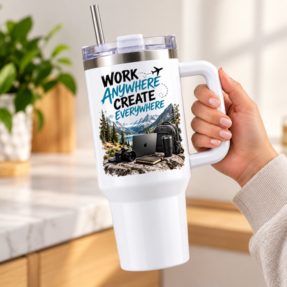 Digital Nomad Travel Tumbler "Work anywhere create everywhere" Graphic 40oz Stainless Steel Insulated Travel Mug with Handle & Straw – Mountain Lake Remote Workspace, Laptop, Camera & Backpack Gift for Travelers | Fast Dispatch by UK Seller (T3056)