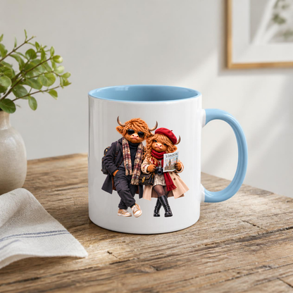 Highland Cow Mug "London Travelers Highland Cow Couple" 325ml Ceramic Coffee Mug – Stylish Highland Cow Couple in Beret, Sunglasses Trench Coats Holding Camera Gift For Travelers Couples | Available in Multicolours | Fast Dispatch by UK Seller (M3260)