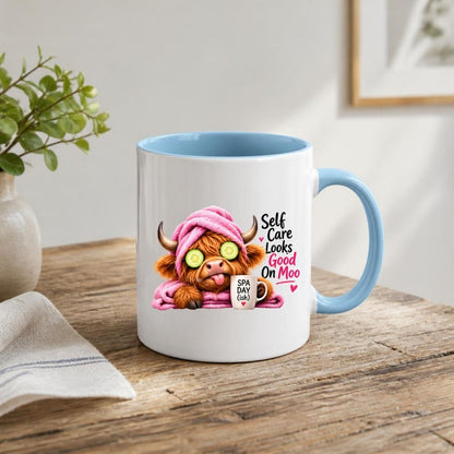 Humorous Mug "Self Care Looks Good On Moo" Highland Cow 325ml Ceramic Coffee Mug Cute Animal Tea Cup with Spa Cucumber Eyes, Pink Towel & Mug Gift | Available in Multicolours | Fast Dispatch by UK Seller (M1277)