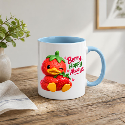 Inspirational Mug "Berry Happy Always Strawberry Duck" Berry Happy Always 325ml Ceramic Coffee Mug – Cute Winking Strawberry Duck Hugging A Strawberry Heartwarming Gift For Friends Family | Available in Multicolours | Fast Dispatch by UK Seller (M3247)