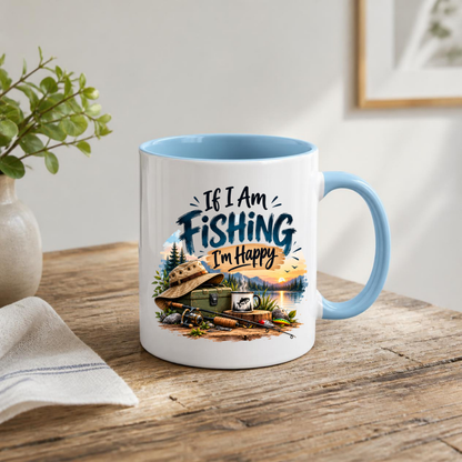 Fishing Mug "If I Am Fishing I’m Happy" Angler Ceramic Coffee Cup 350ml, Fishing Rod Lake Sunset Outdoor Hobby Novelty Gift for Fisherman Dad Grandad Husband Boyfriend, Birthday Christmas Fathers Day Secret Santa | Fast Dispatch by UK Seller (M1054)