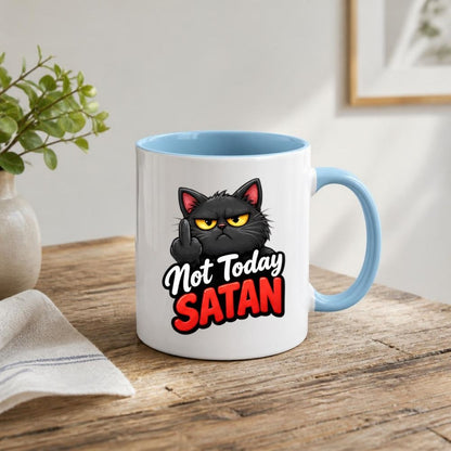 Sarcastic Mug "Not Today Satan" Funny Grumpy Black Cat 325ml Ceramic Coffee Mug Sassy Kitten Tea Cup with Middle Finger Gesture & Bold Red Lettering Gift | Available in Multicolours | Fast Dispatch by UK Seller (M1304)