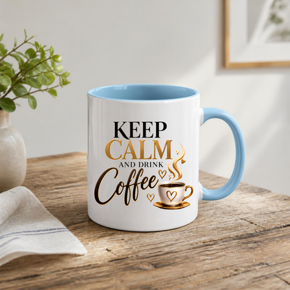 Coffee Mug "Keep Calm And Drink Coffee" 325ml Ceramic Tea Cup – Gold & Brown Typography, Cute Coffee Cup Graphic & Heart Slogan Novelty Gift for Coffee Lovers, Bestie, Colleagues – Fast Dispatch by UK Seller (M3491)