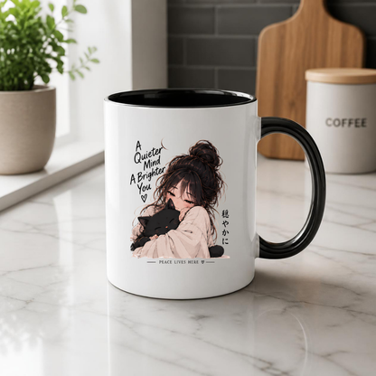 Inspirational Anime Girl & Black Cat Mug "A Quieter Mind A Brighter You" 325ml Ceramic Coffee Mug – Aesthetic Mindful Tea Cup with Japanese Kanji Graphic Gift | Available in Multicolours | Fast Dispatch by UK Seller (M3045)