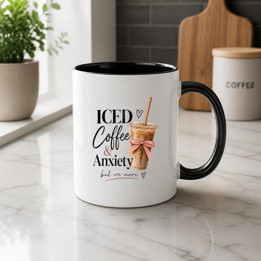 Relatable Mug "ICED Coffee & Anxiety but we move" Coquette Aesthetic 325ml Ceramic Coffee Mug Trendy Coffee Lover Tea Cup with Pink Bow & Straw Graphic Gift | Available in Multicolours | Fast Dispatch by UK Seller (M3007)
