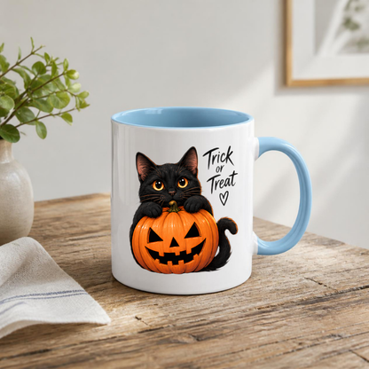 Halloween Mug "Black Cat Pumpkin Trick or Treat" Black Cat Pumpkin Trick or Treat 325ml Ceramic Coffee Mug – Cute Halloween Autumn Tea Cup With Black Kitty Jack O Lantern Graphic Gift | Available in Multicolours | Fast Dispatch by UK Seller (M3223)