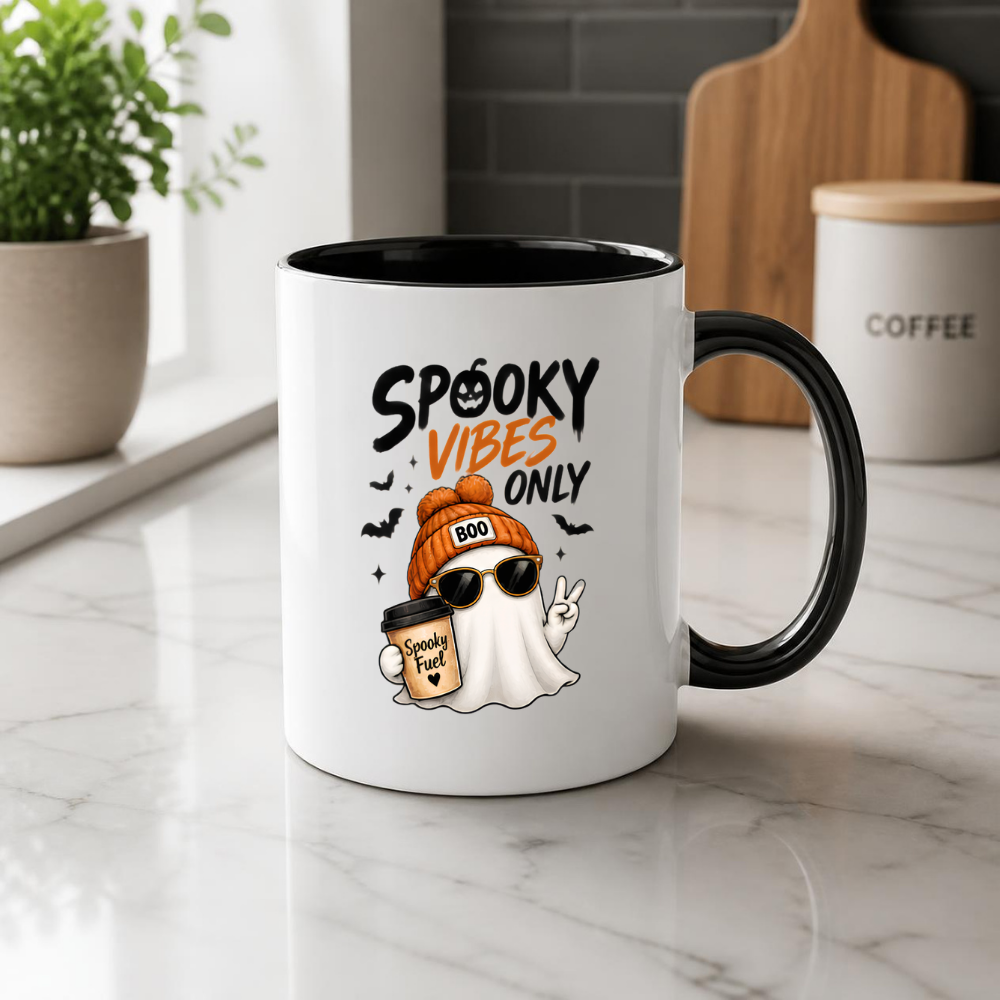 Halloween Mug "SPOOKY VIBES Only" Cool Ghost 325ml Ceramic Coffee Mug – Trendy Beanie Ghost Tea Cup with Sunglasses & Coffee Cup Graphic Gift | Available in Multicolours | Fast Dispatch by UK Seller (M3077)