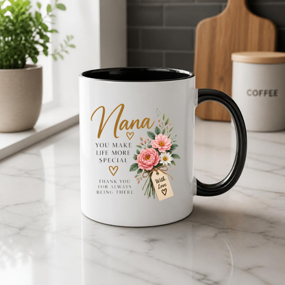 Family Mug "Nana YOU MAKE LIFE MORE SPECIAL" Floral 325ml Ceramic Coffee Mug Sweet Grandma Tea Cup with Pink Peonies Bouquet & Gift Tag Graphic Gift | Available in Multicolours | Fast Dispatch by UK Seller (M3019)
