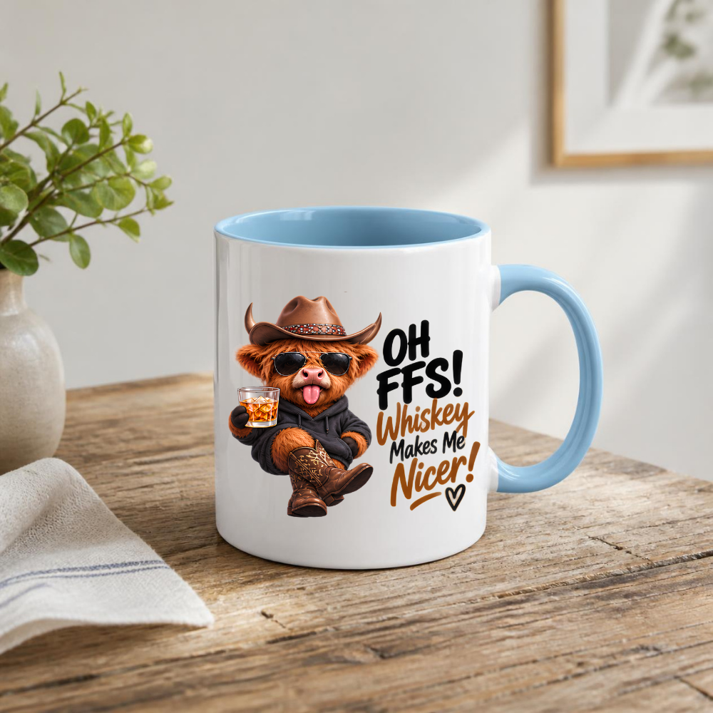 Highland Cow Whiskey Lover Mug "Oh FFS! Whiskey Makes Me Nicer!" Oh FFS! Whiskey Makes Me Nicer! 325ml Ceramic Coffee Mug – Cute Highland Cow in Cowboy Hat, Hoodie & Boots holding Rocks Glass | Funny Gift | Fast Dispatch by UK Seller (M3394)