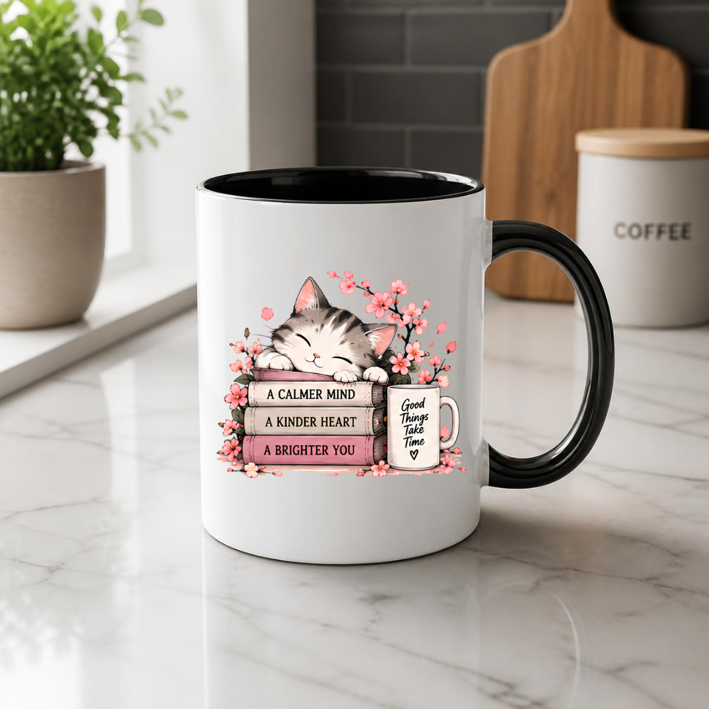 Inspirational Cat Mug "A CALMER MIND A KINDER HEART A BRIGHTER YOU" Sleeping Kitten & Books 325ml Ceramic Coffee Mug Mindful Tea Cup with Cherry Blossoms & Mug Graphic Gift | Available in Multicolours | Fast Dispatch by UK Seller (M3033)