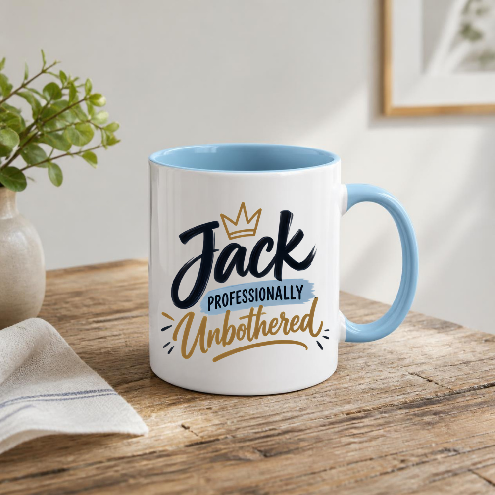 Personalized Name Mug "Jack Professionally Unbothered" Jack Professionally Unbothered 325ml Ceramic Coffee Mug – Custom Name Typography Slogan with Gold Crown & Blue Brushstroke | Funny Gift | Fast Dispatch by UK Seller (M3407)