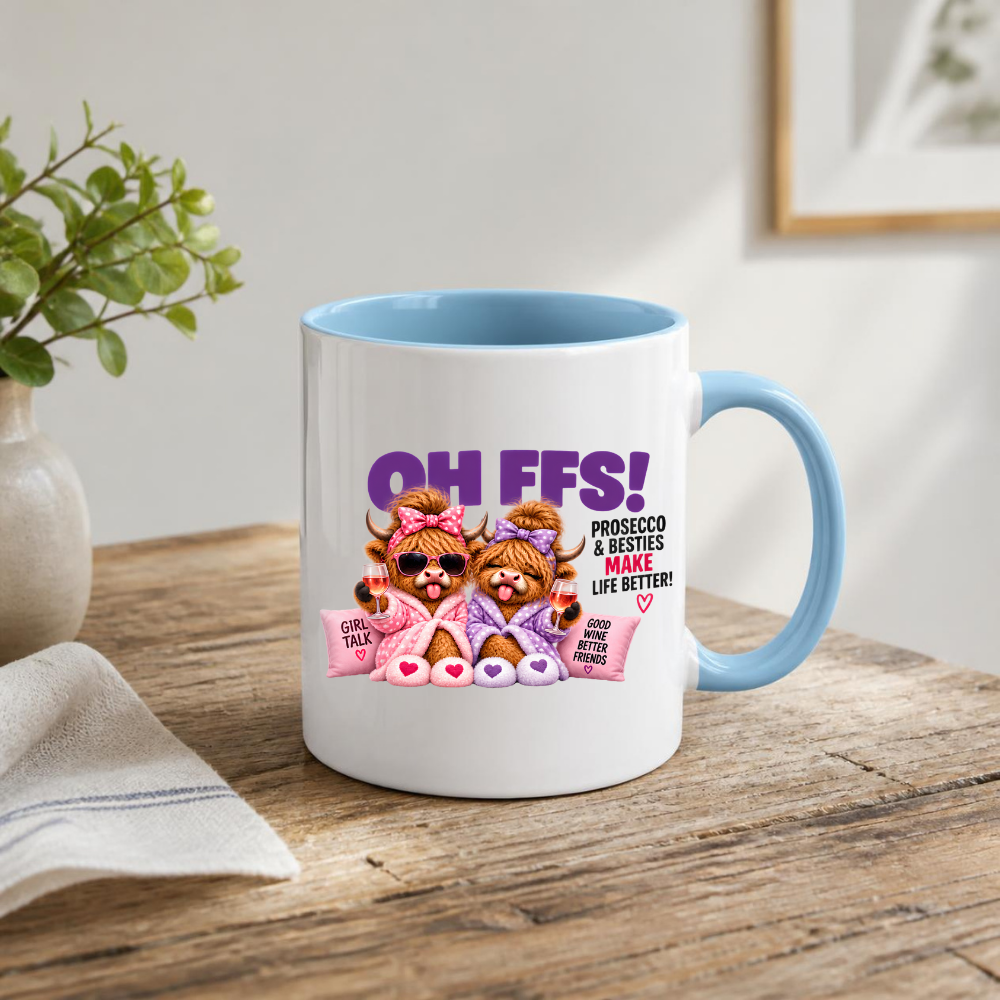Prosecco Besties Highland Cows Mug "OH FFS! Prosecco & Besties Make Life Better" Oh Ffs! Prosecco & Besties 325ml Ceramic Coffee Mug – Cute Highland Cows in Bathrobes with Wine Glasses & Pillows | Funny Bestie Gift | Fast Dispatch by UK Seller (M3368)