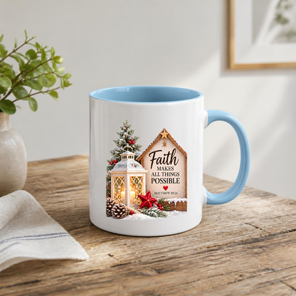 Christmas Mug "Faith Makes All Things Possible Matthew 19:26" 325ml Ceramic Coffee Mug – Cozy Winter Lantern Snow Covered Tree Wooden Sign Christian Holiday Gift | Available in Multicolours | Fast Dispatch by UK Seller (M3298)