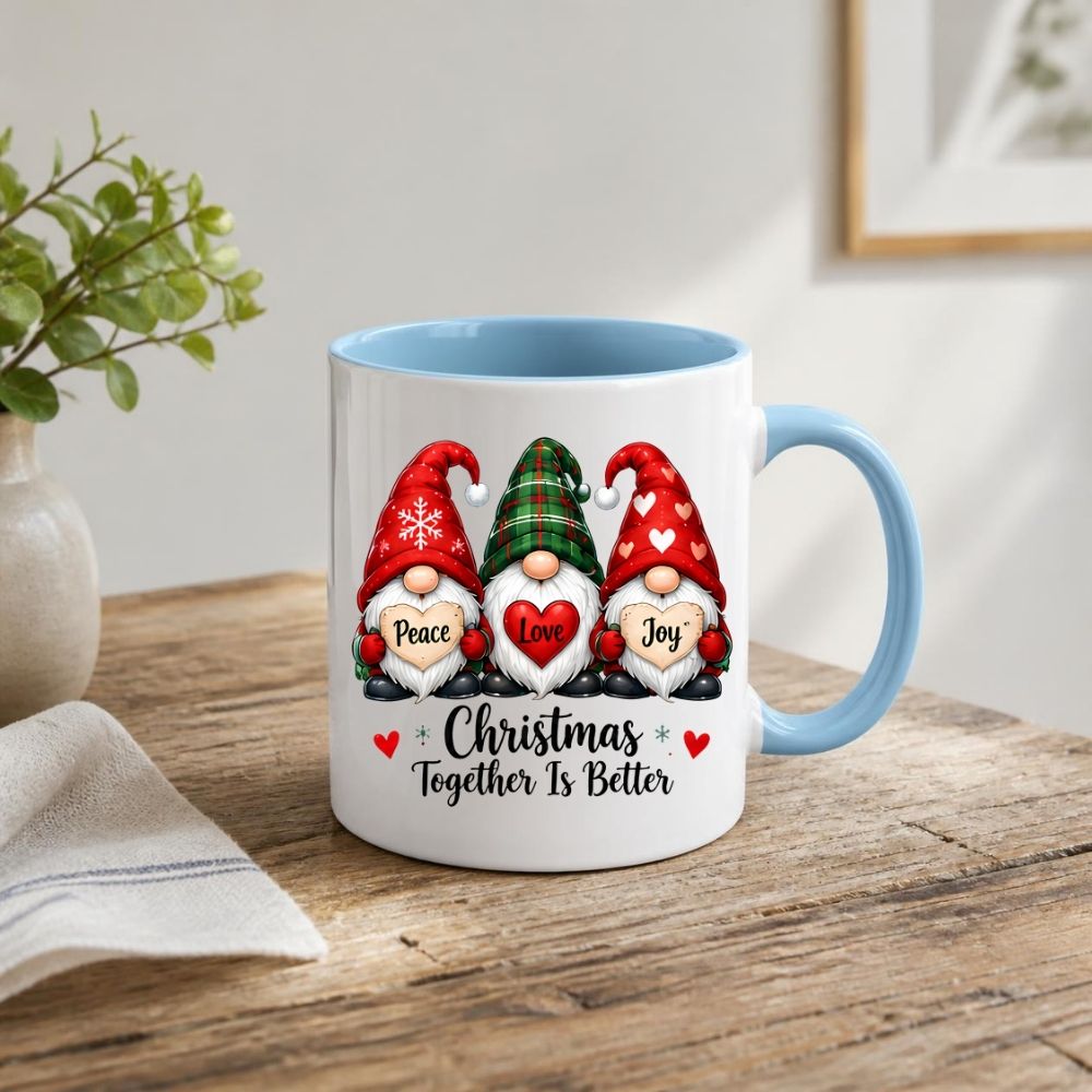 Festive Mug "Peace Love Joy" Trio Gnomes 325ml Ceramic Coffee Mug Christmas Together Is Better Holiday Tea Cup with Hearts & Plaid Hat | Available in Multicolours | Fast Dispatch by UK Seller (M1271)