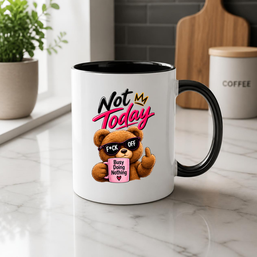 Sarcastic Mug "NOT TODAY" Attitude Teddy Bear 325ml Ceramic Coffee Mug Novelty Teddy Bear Tea Cup with F*CK OFF Sunglasses, Middle Finger & "Busy Doing Nothing" Mug Graphic Gift | Available in Multicolours | Fast Dispatch by UK Seller (M3085)