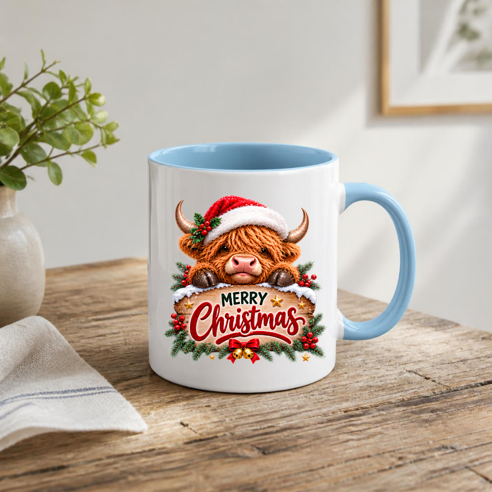 Christmas Mug "Peeking Santa Hat Highland Cow" Peeking Santa Hat Highland Cow 325ml Ceramic Coffee Mug – Cute Festive Wooden Sign Tea Cup With Holly Jingle Bells Graphic Present | Available in Multicolours | Fast Dispatch by UK Seller (M3171)
