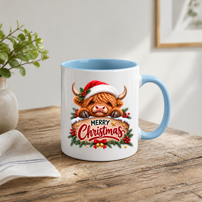 Christmas Mug "Peeking Santa Hat Highland Cow" Peeking Santa Hat Highland Cow 325ml Ceramic Coffee Mug – Cute Festive Wooden Sign Tea Cup With Holly Jingle Bells Graphic Present | Available in Multicolours | Fast Dispatch by UK Seller (M3171)