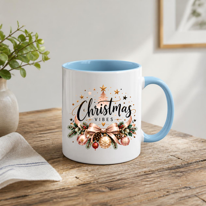 Elegant Rose Gold Christmas Mug "Christmas Vibes" Elegant Christmas Vibes 325ml Ceramic Coffee Mug – Rose Gold Ribbon Bow, Baubles, Pine Garlands & Starry Christmas Tree Slogan | Festive Holiday Gift | Fast Dispatch by UK Seller (M3437)