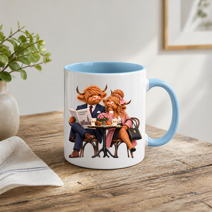 Fashion Mug "London Cafe Highland Cow Couple" London Cafe Highland Cow Couple 325ml Ceramic Coffee Mug – Chic London Today Newspaper Tea Cup With Suit Pink Coat Bistro Coffee Graphic Gift | Available in Multicolours | Fast Dispatch by UK Seller (M3189)