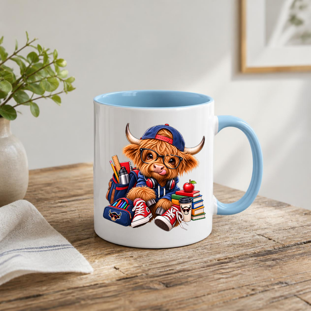 Student Mug "Cool Student Cow" Academic Highland Cow 325ml Ceramic Coffee Mug Trendy School Tea Cup with Glasses and Backpack Graphic Gift | Available in Multicolours | Fast Dispatch by UK Seller (M3153)
