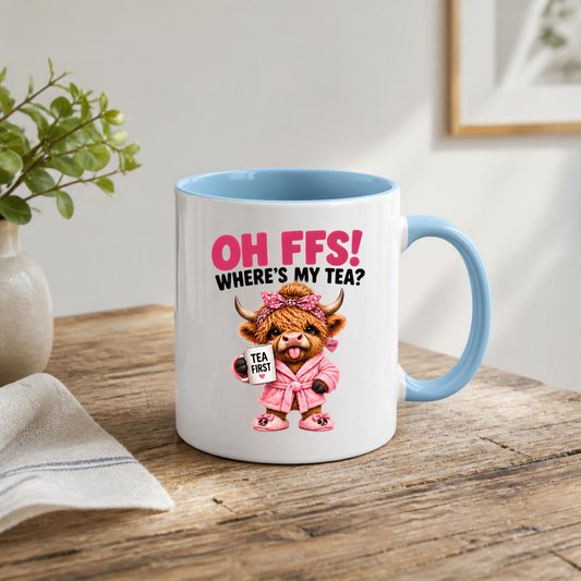 Highland Cow Tea Mug "OH FFS! Where's My Tea?" Oh Ffs! Where's My Tea? 325ml Ceramic Coffee Mug – Cute Highland Cow in Pink Bathrobe with Polka-Dot Bow, Slippers & Tea First Mug | Funny Gift | Fast Dispatch by UK Seller (M3378)