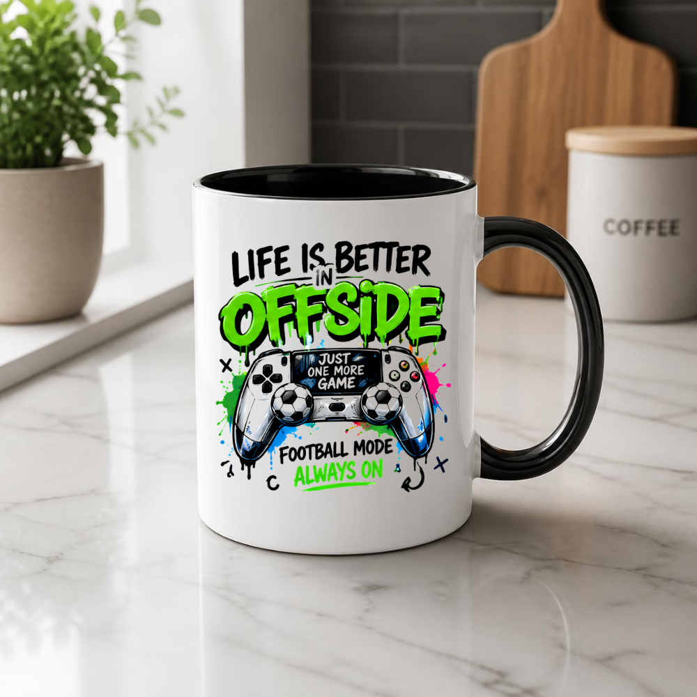 Football Mug "LIFE IS BETTER IN OFFSIDE" Gamer Controller 325ml Ceramic Coffee Mug Gaming & Football Tea Cup with "JUST ONE MORE GAME" Controller Graphic Gift | Available in Multicolours | Fast Dispatch by UK Seller (M3093)