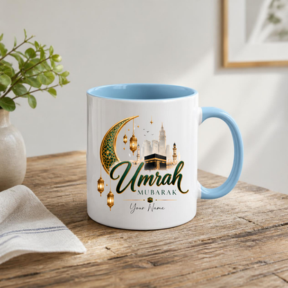 Personalised Umrah Mubarak Mug 325ml Ceramic Coffee Tea Cup – Custom Name, Green & Gold Crescent Moon, Lanterns & Kaaba Religious Pilgrimage Gift for Family, Friends, Hajj Celebration – Fast Dispatch by UK Seller (M3485)