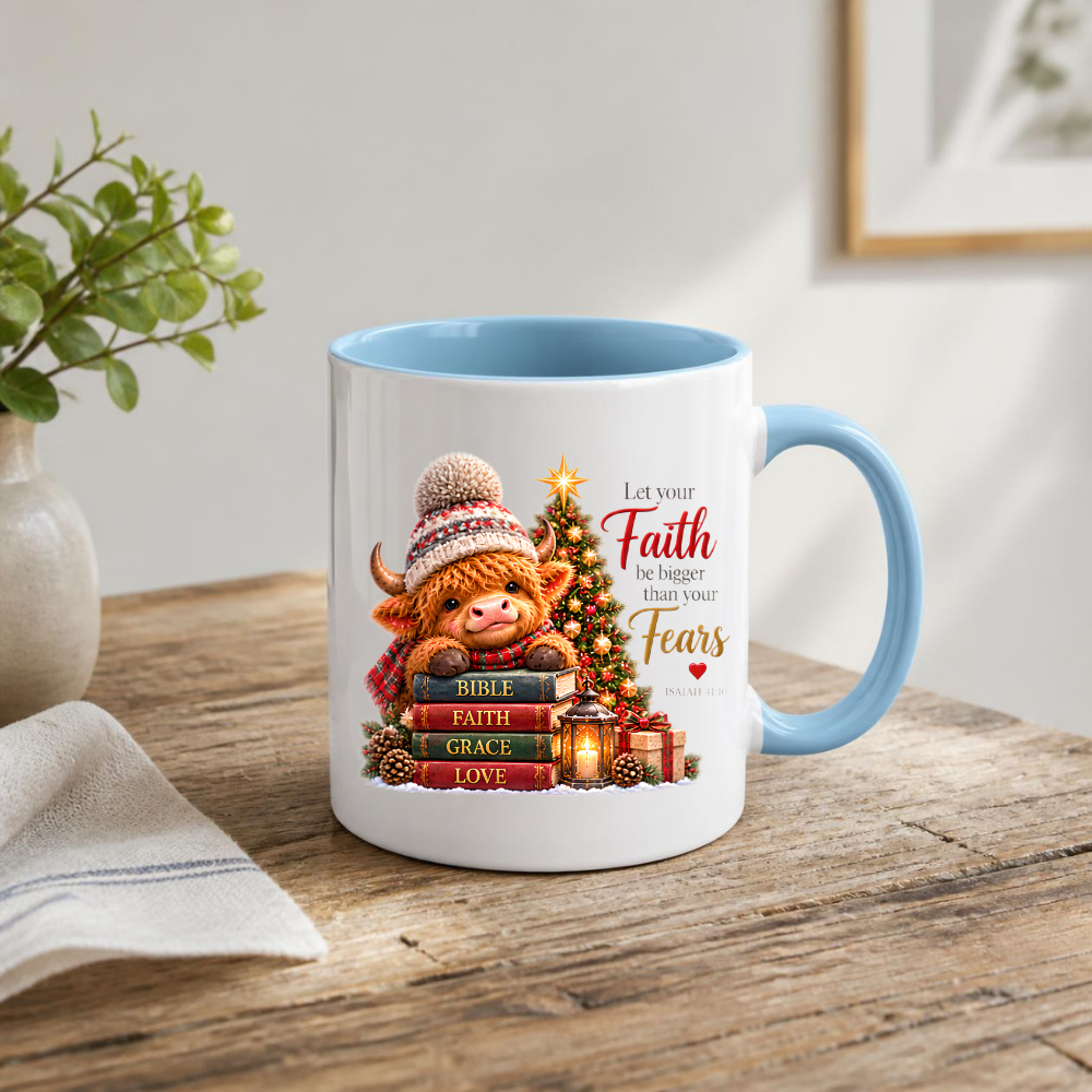 Christmas Mug "Let Your Faith Be Bigger Than Your Fears Highland Cow" 325ml Ceramic Coffee Mug – Highland Cow Mug With Books Christmas Tree Lantern Christian Holiday Gift | Available in Multicolours | Fast Dispatch by UK Seller (M3306)