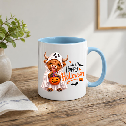 Halloween Mug "Ghost Costume Highland Cow" Ghost Costume Highland Cow 325ml Ceramic Coffee Mug – Cute Trick-or-Treat Tea Cup with Sheet Costume Pumpkin Bucket Graphic Gift | Available in Multicolours | Fast Dispatch by UK Seller (M3165)
