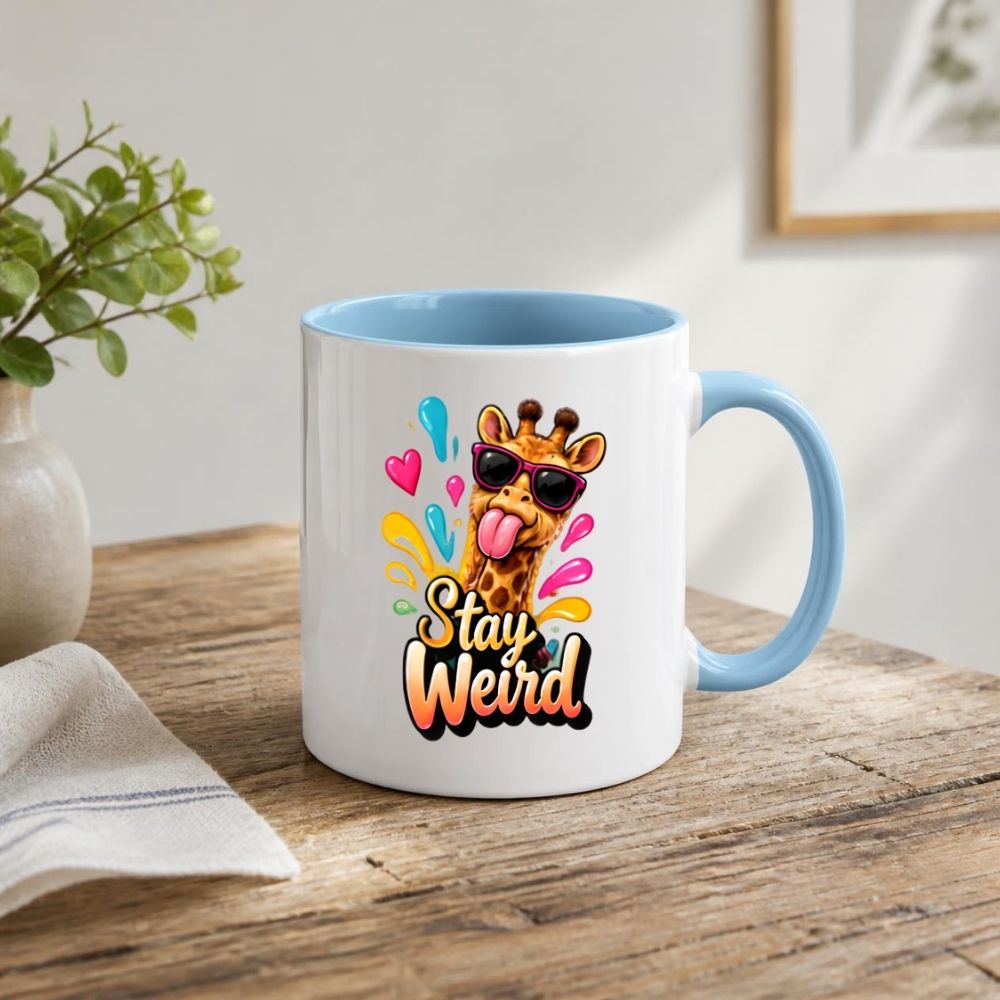 Quirky Mug "Stay Weird" Funny Giraffe 325ml Ceramic Coffee Mug Sassy Animal Lover Tea Cup with Sunglasses, Splashes & Hearts Graphic Gift | Available in Multicolours | Fast Dispatch by UK Seller (M1319)