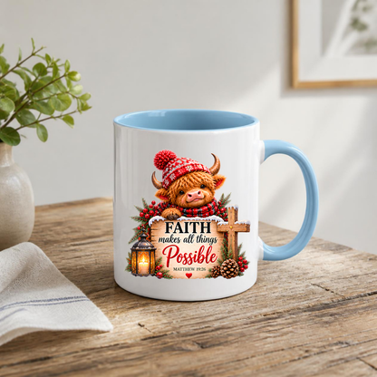 Christmas Mug "Faith Makes All Things Possible Matthew 19:26" Faith Makes All Things Possible 325ml Ceramic Coffee Mug – Festive Highland Cow Mug With Wooden Cross Lantern Holiday Gift | Available in Multicolours | Fast Dispatch by UK Seller (M3318)