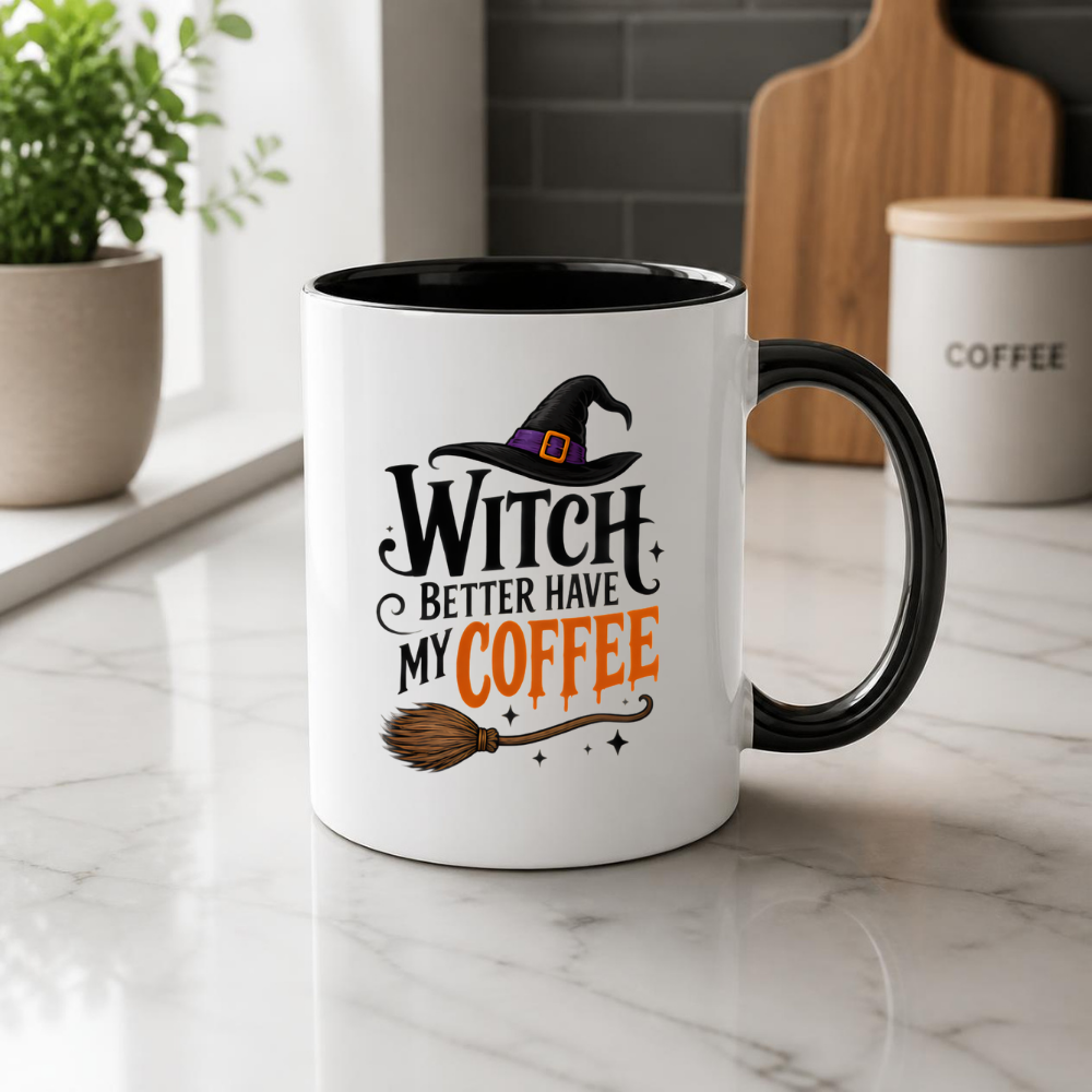 Halloween Mug "WITCH BETTER Have My Coffee" Funny Witch Hat 325ml Ceramic Coffee Mug – Novelty Autumn Tea Cup with Witch Broom & Orange Text Graphic Gift | Available in Multicolours | Fast Dispatch by UK Seller (M3069)