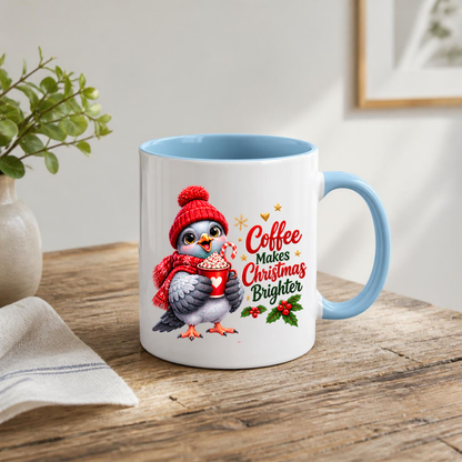 Christmas Mug "Coffee Makes Christmas Brighter Cute Bird" 325ml Ceramic Coffee Mug – Cute Christmas Bird in Red Beanie Hat Scarf Holding Cocoa Cup Holiday Gift For Bird Coffee Lovers | Available in Multicolours | Fast Dispatch by UK Seller (M3266)