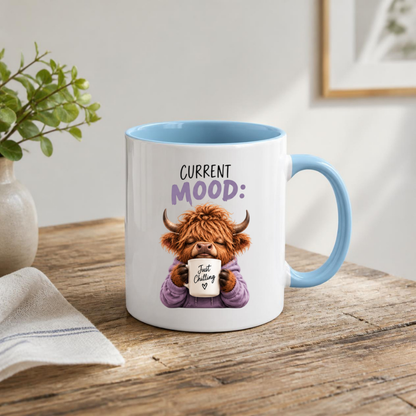 Cozy Highland Cow Mug "Current Mood: Just Chilling" Graphic 325ml Ceramic Coffee Cup Peaceful Highland Cow in Purple Hoodie Novelty Tea Cup | Relaxing Morning Gift for Her & Friends | Available in Multicolours | Fast Dispatch by UK Seller (M3135)