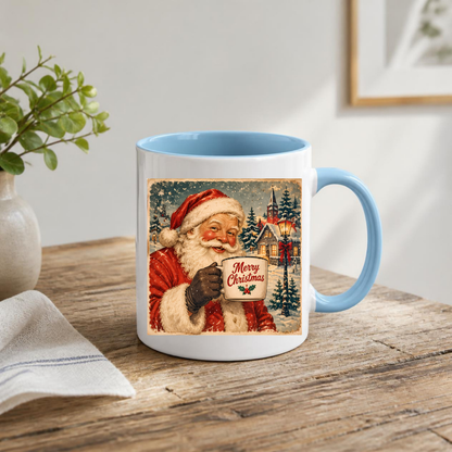 Vintage Santa Claus Mug "Merry Christmas" Merry Christmas 325ml Ceramic Coffee Mug – Vintage Santa Claus Holding Coffee Mug in Snowy Village with Streetlamp | Festive Holiday Gift | Fast Dispatch by UK Seller (M3415)
