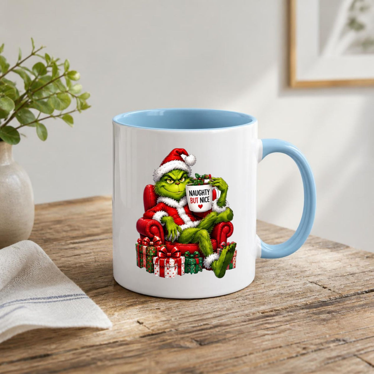 Sarcastic Mug "Naughty But Nice" Green Holiday Character 325ml Ceramic Coffee Mug Funny Grumpy Christmas Tea Cup with Santa Suit & Armchair Gift | Available in Multicolours | Fast Dispatch by UK Seller (M1239)