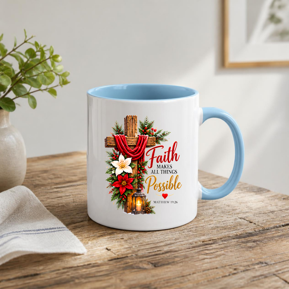 Religious Christmas Mug "Faith Makes All Things Possible" Faith Makes All Things Possible 325ml Ceramic Coffee Mug – Christian Holiday Scripture Mug with Matthew 19:26, Cross, Lantern & Poinsettia | Religious Gift | Fast Dispatch by UK Seller (M3352)
