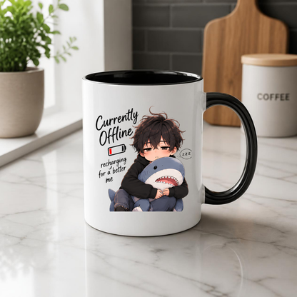 Funny Anime Mug "Currently Offline recharging for a better me" Sleepy Boy & Plush Shark 325ml Ceramic Coffee Mug Introvert Relatable Tea Cup with Low Battery & Plushie Graphic Gift | Available in Multicolours | Fast Dispatch by UK Seller (M3025)