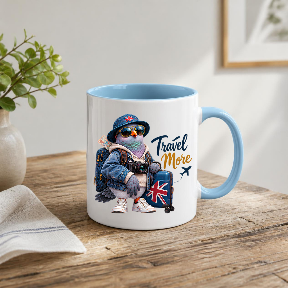 Travel Mug "Travel More Cool Pigeon" 325ml Ceramic Coffee Mug – Cool Traveller Pigeon with Camera, Bucket Hat, Denim Jacket & Union Jack Suitcase Gift For Photographers Globe Trotters | Available in Multicolours | Fast Dispatch by UK Seller (M3241)