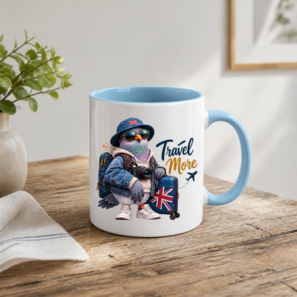 Travel Mug "Travel More Cool Pigeon" 325ml Ceramic Coffee Mug – Cool Traveller Pigeon with Camera, Bucket Hat, Denim Jacket & Union Jack Suitcase Gift For Photographers Globe Trotters | Available in Multicolours | Fast Dispatch by UK Seller (M3241)